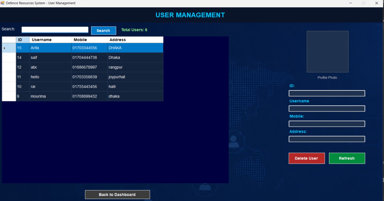 Defence Resources Management System - Mobile View 1